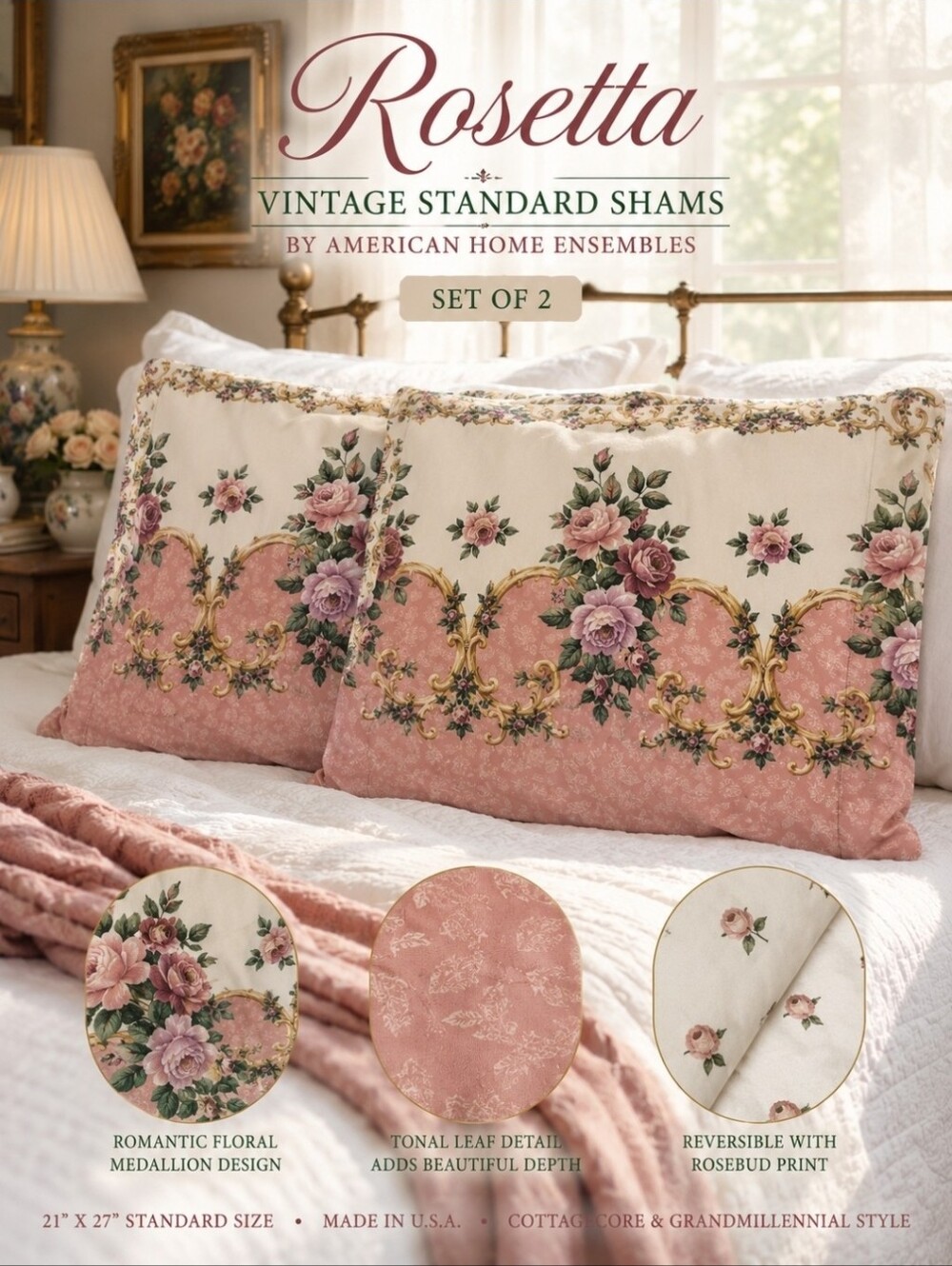 VTG Rosetta Floral Standard Pillow Shams Set of 2 Cottagecore Grandmillennial